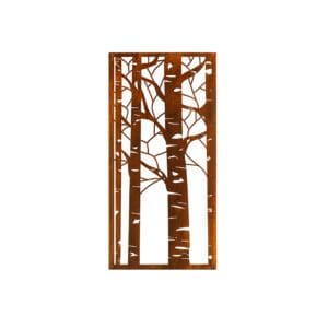 A metal wall art with trees in the background.
