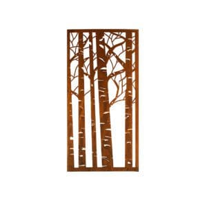 A metal screen with trees in the middle of it.
