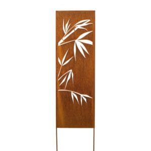 A metal sculpture of bamboo leaves on top of a field.
