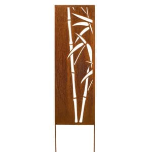 A metal sculpture of bamboo stalks and leaves.