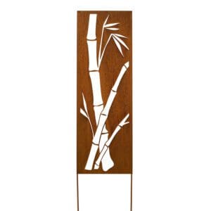 A metal garden stake with a bamboo design.