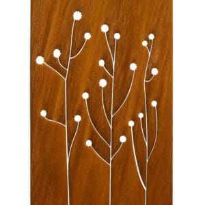 A wooden wall with white flowers on it