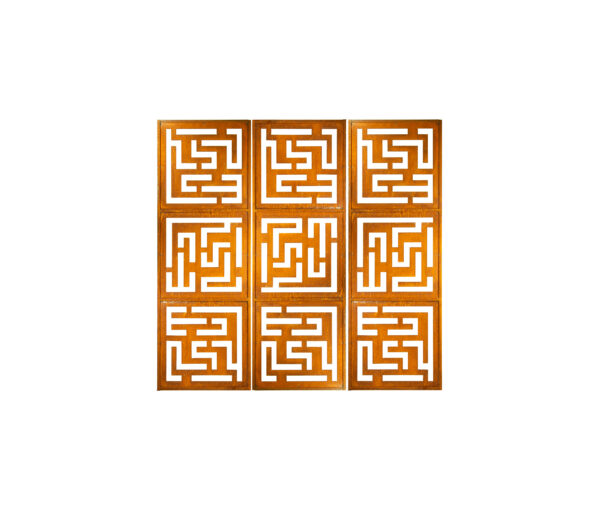 A set of three wooden screens with a maze design.