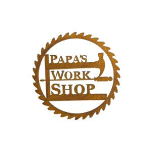 Small Papas Workshop, Saw Blade, and Hammer Sign