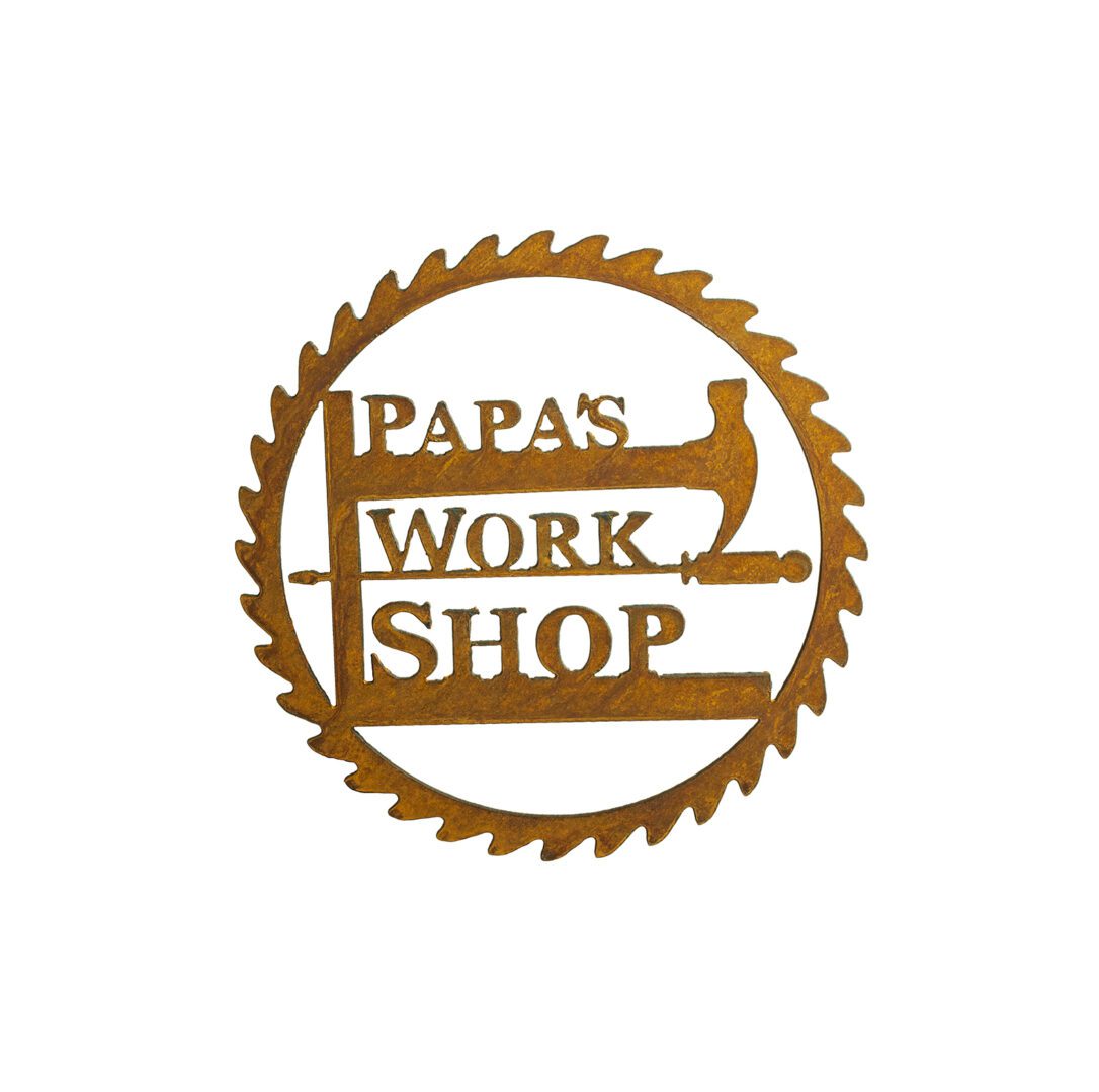 Small Papas Workshop, Saw Blade, and Hammer Sign