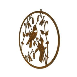 A metal bird and flower wall hanging.