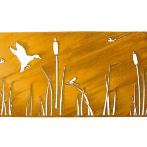 A wooden wall with birds and cattails on it