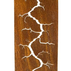 A wooden board with white lightning on it.