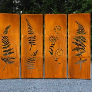 Rusted patina Fern Art Metal Privacy Screens set of 4 panels with oversized fern silhouettes