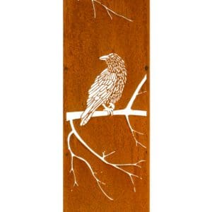 Rusty metal garden panel with perched bird