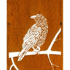 White raven silhouette on rusted metal panel
