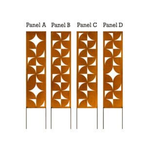 Four rusted metal screens with geometric cutouts