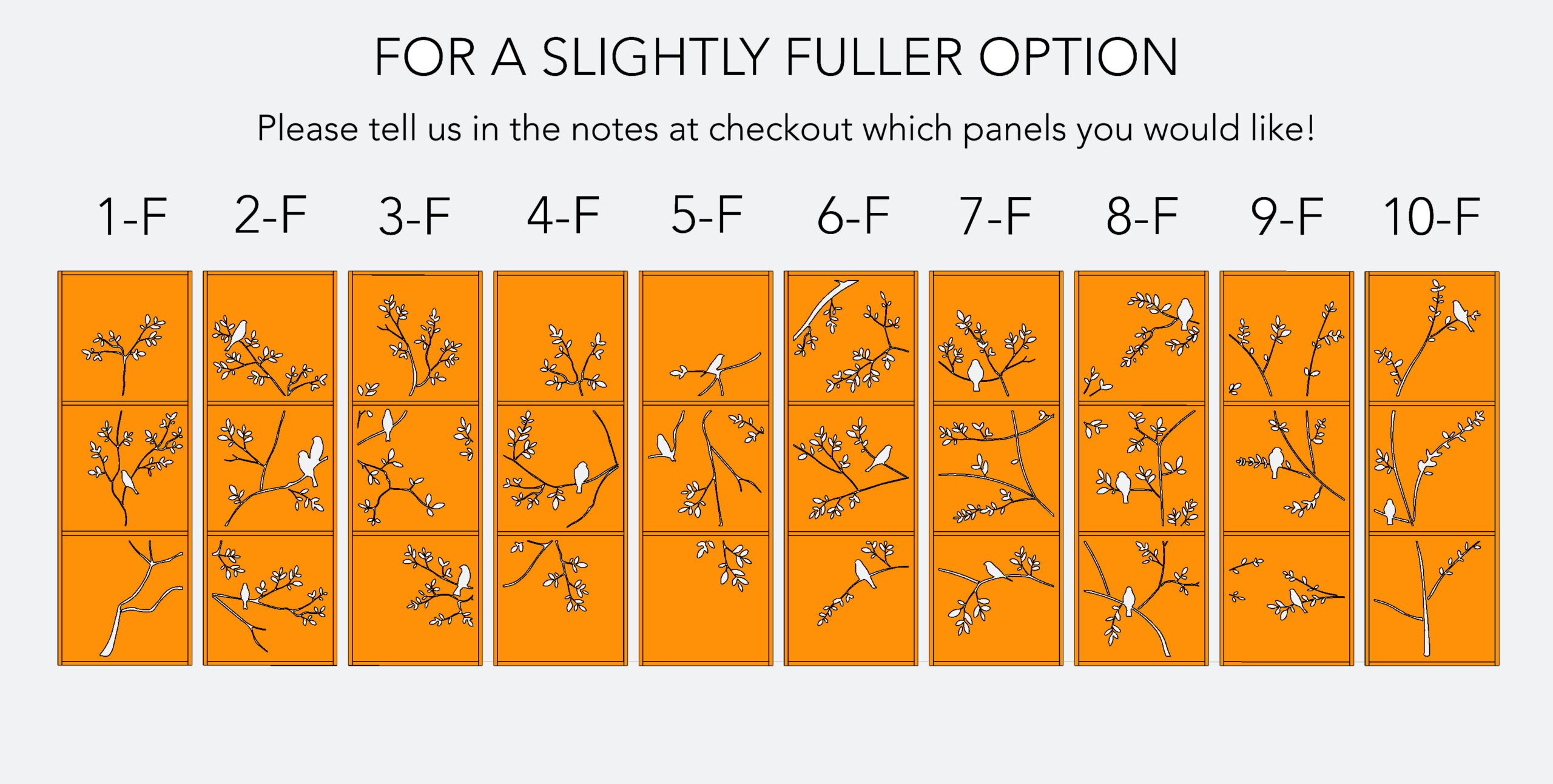 Orange panels showing branches and small birds