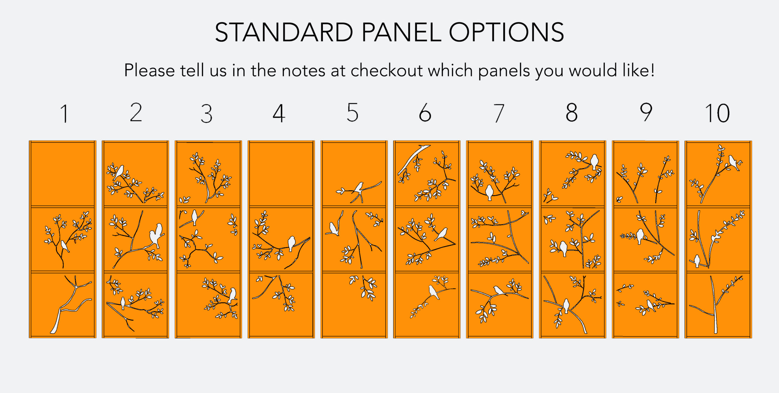 Orange numbered panels with birds on branches