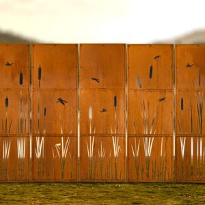 Decorative panel with grass and dragonfly designs.