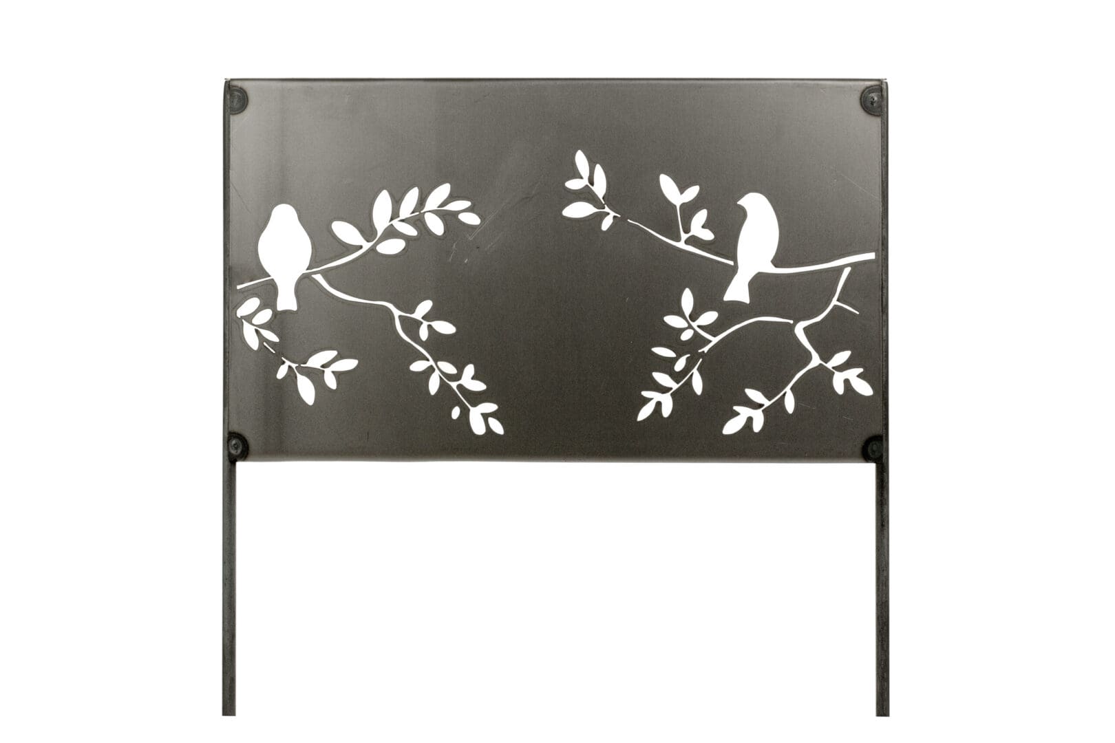 Black metal panel with bird branch cutouts