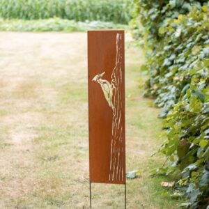 Tall metal garden ornament with a woodpecker design.