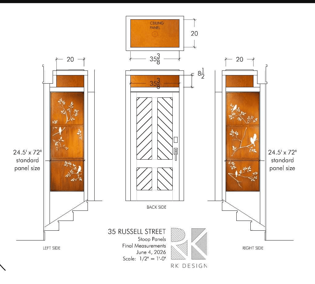 Rusty: 2 @ 20″ wide X 8 1/2″ tall , 1 @ 35 3/8″ wide X 20″ tall,1 @ 35 3/8″ wide X 8 1/2″ tall and 2 bird branch panels 2&3 (standard size). All panels framed in 3/4″