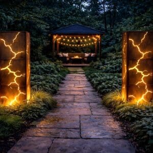 Lighted rusty steel garden pillar beside modern walkway