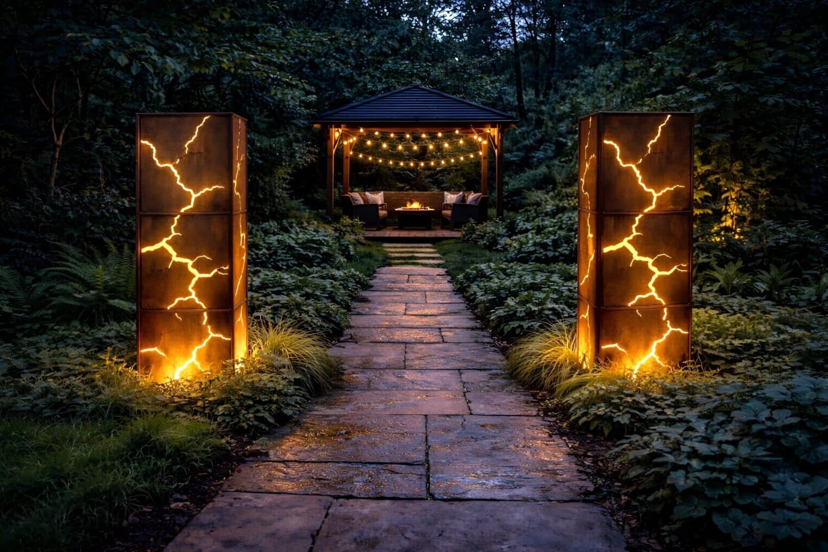 Lighted rusty steel garden pillar beside modern walkway