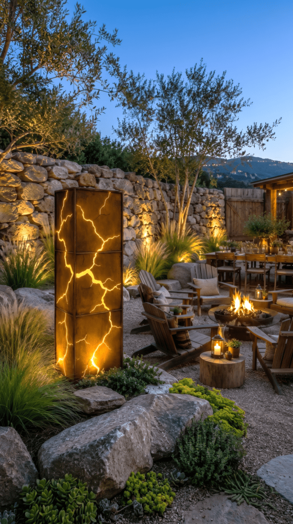 Contemporary corten style garden light column in backyard landscape