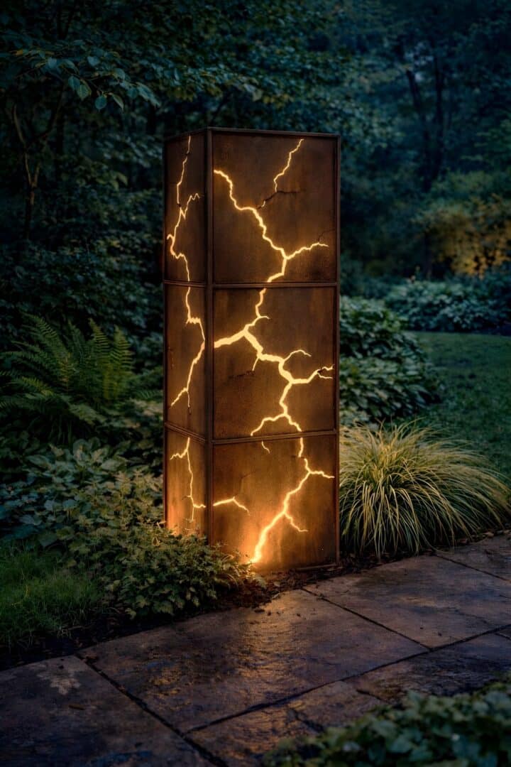 Large illuminated metal garden column with rustic patina in flower garden