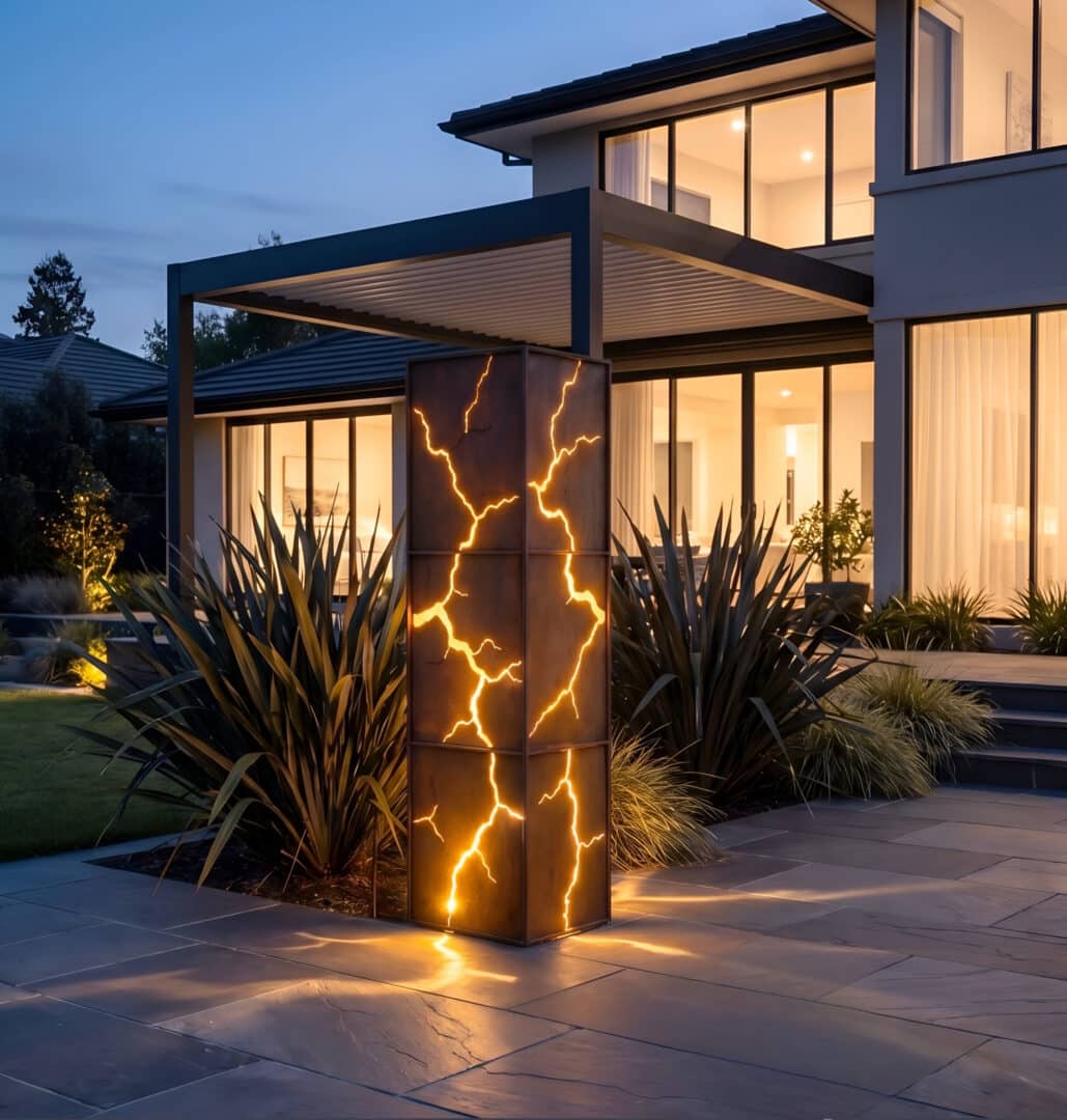 Modern home entrance featuring a large rusty metal garden column with illuminated landscape lighting